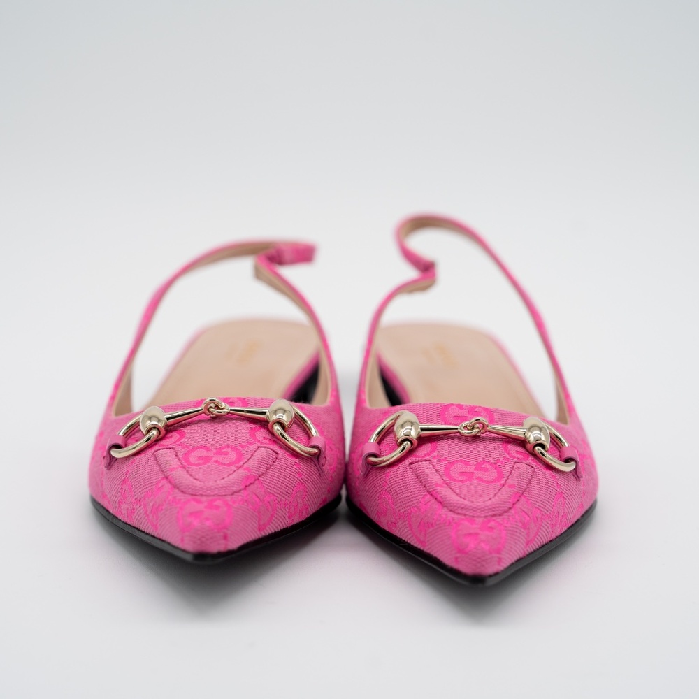 size 39.5G 9.5 US Gucci Horsebit Slingback Flat Pink GG Canvas - Picture 2 of 13